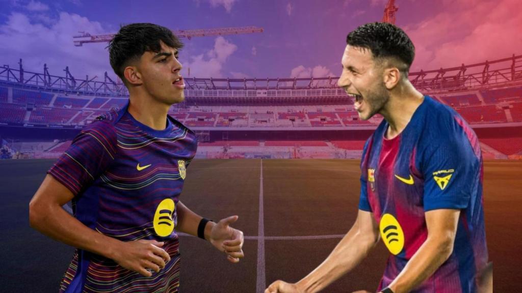 Marc Bernal y Roony Bardghji, en un montaje con el nuevo Camp Nou de fondo