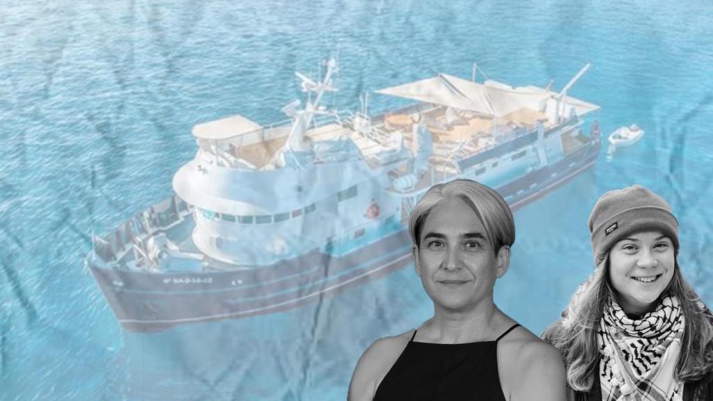 Ada Colau y Greta con el yate Alma de fondo