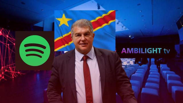 El presidente del Barça, Joan Laporta, en un montaje con los logotipos de Spotify y Ambilight, y la bandera de República Democrática del Congo