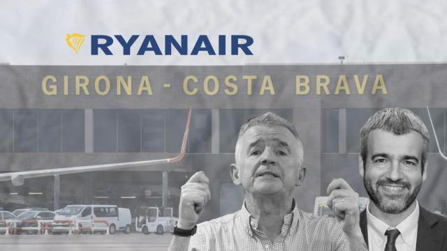 Michael O'Leary (CEO de Ryanair), Maurici Lucena (presidente y consejero delegado de Aena) y el Aeropuerto de Girona de fondo