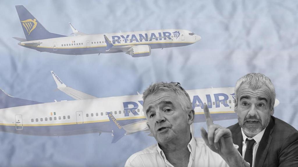 El consejero delegado de Ryanair, Michael O'Leary, junto al presidente de Aena, Maurici Lucena, con dos aviones de la aerolínea detrás