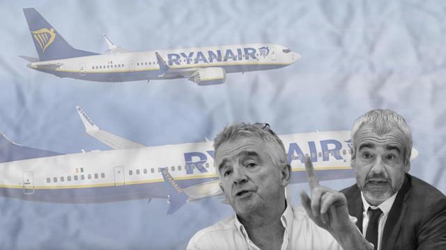 El consejero delegado de Ryanair, Michael O'Leary, junto al presidente de Aena, Maurici Lucena, con dos aviones de la aerolínea detrás