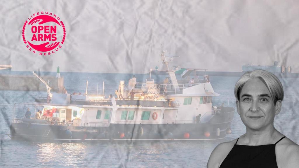 Ada Colau, el buque Alma Explorer y el logo de Open Arms