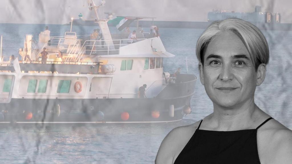 Ada Colau, el buque Alma Explorer y el logo de Open Arms