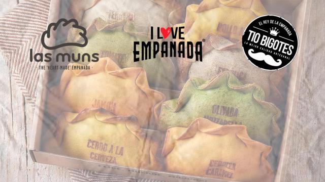 Logos de las empresas Muns, I Love Empanada y Tío Bigotes con un surtido de esta comida de fondo