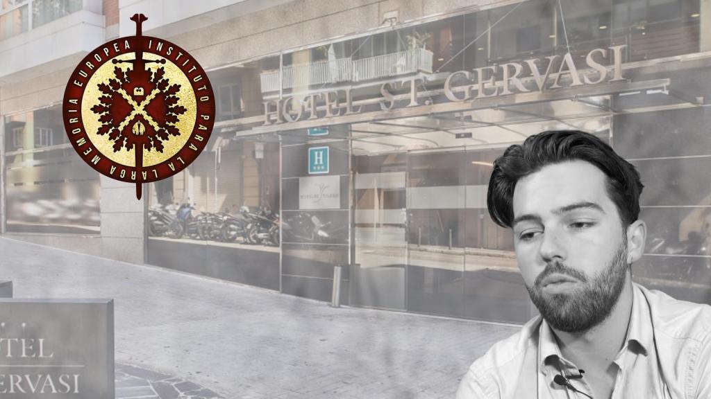 Rafael Ferron, frente al Hotel Silken Sant Gervasi y el logotipo del Instituto Carlos V