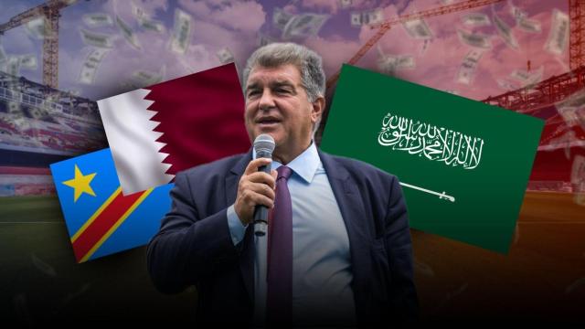 Joan Laporta y las banderas de Catar, República Democrática del Congo y Arabia Saudí en un montaje