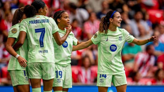 El Barça Femenino celebra un gol contra el Athletic en San Mamés