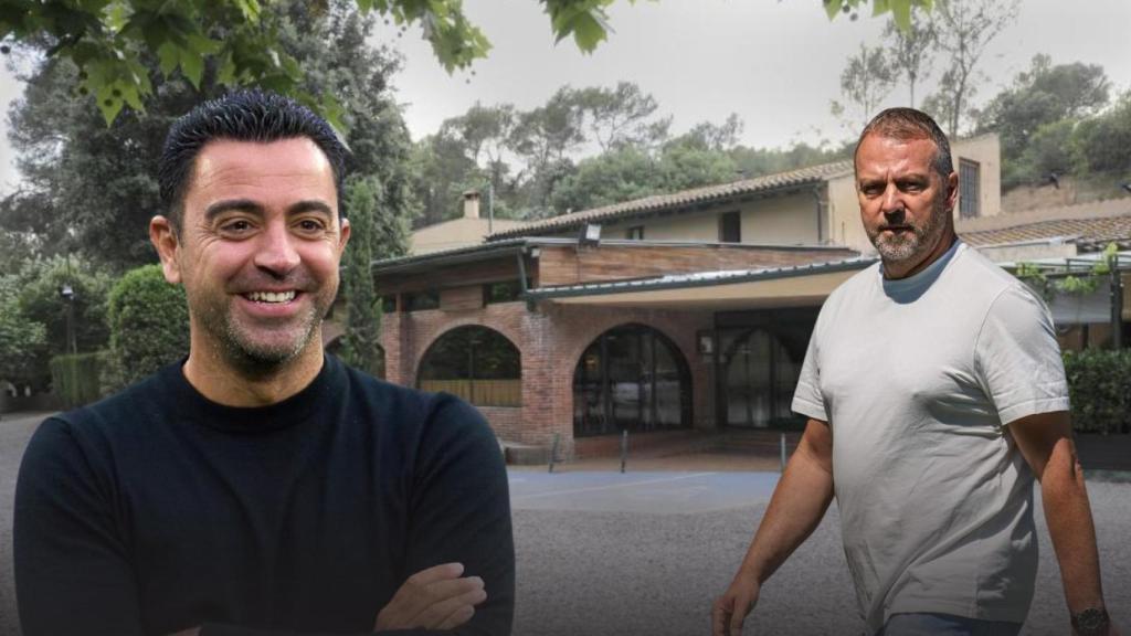 Xavi Hernández y Hansi Flick con la Masía Can Ferran en un fotomontaje