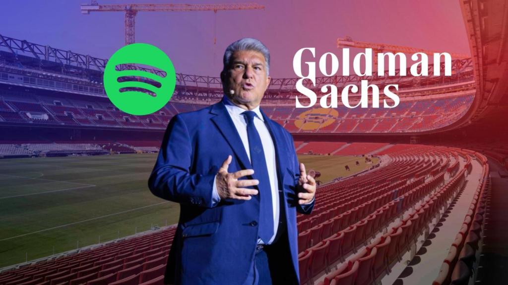 El presidente del Barça, Joan Laporta, en un montaje con los logotipos de Spotify y Goldman Sachs, y el Camp Nou de fondo
