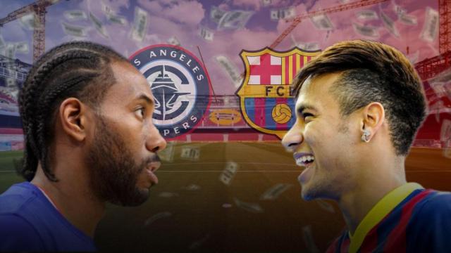 Kawhi Leonard y Neymar Jr con los logotipos de Los Angeles Clippers y el Barça en un montaje