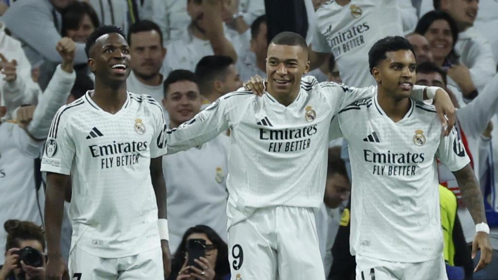 Vinicius, Mbappé y Rodrygo celebran un gol del Real Madrid