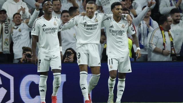 Vinicius, Mbappé y Rodrygo celebran un gol del Real Madrid