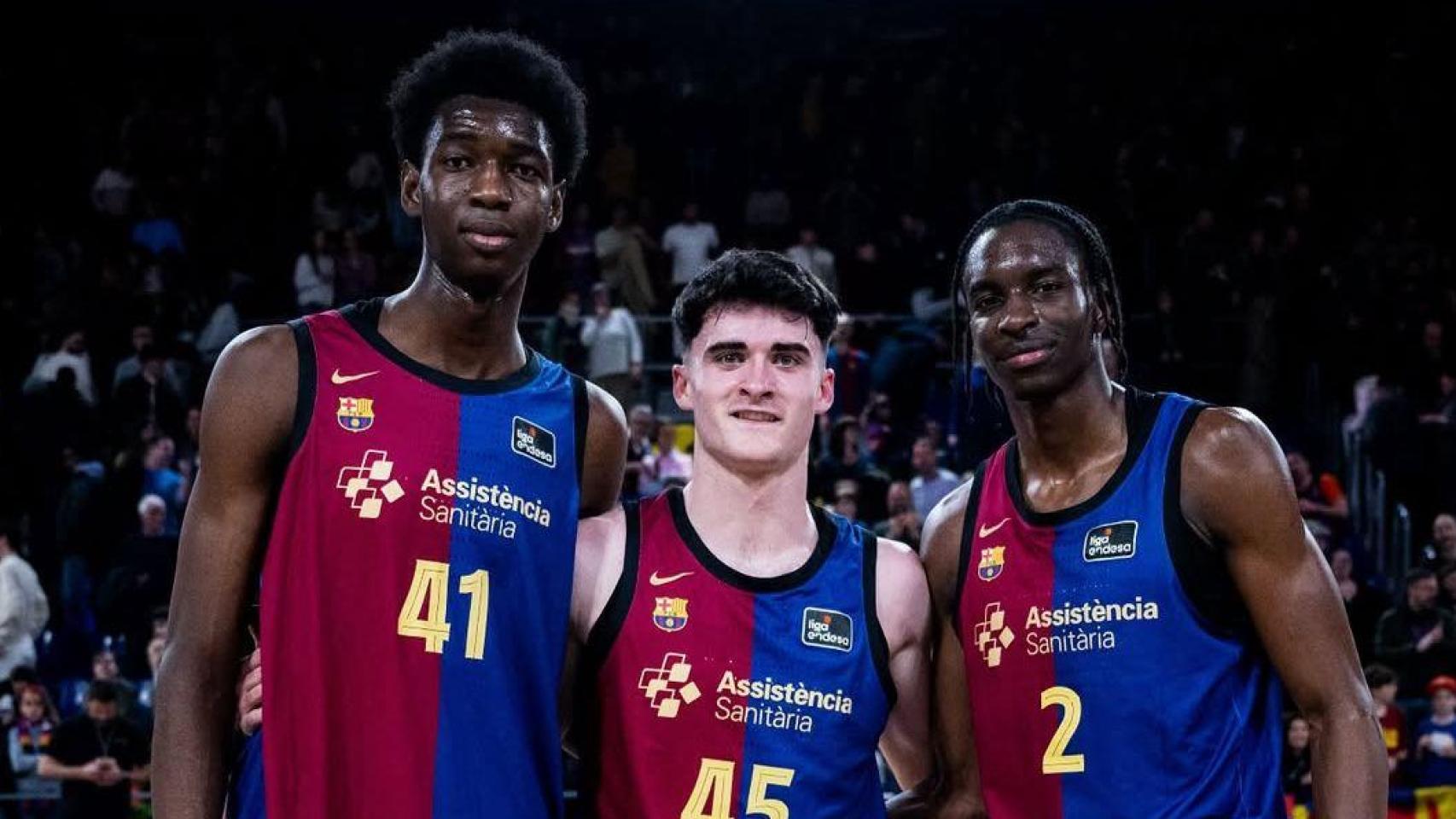 Sayon Keita, Raúl Villar y Dame Sarr en su debut con el primer equipo del Barça de basket