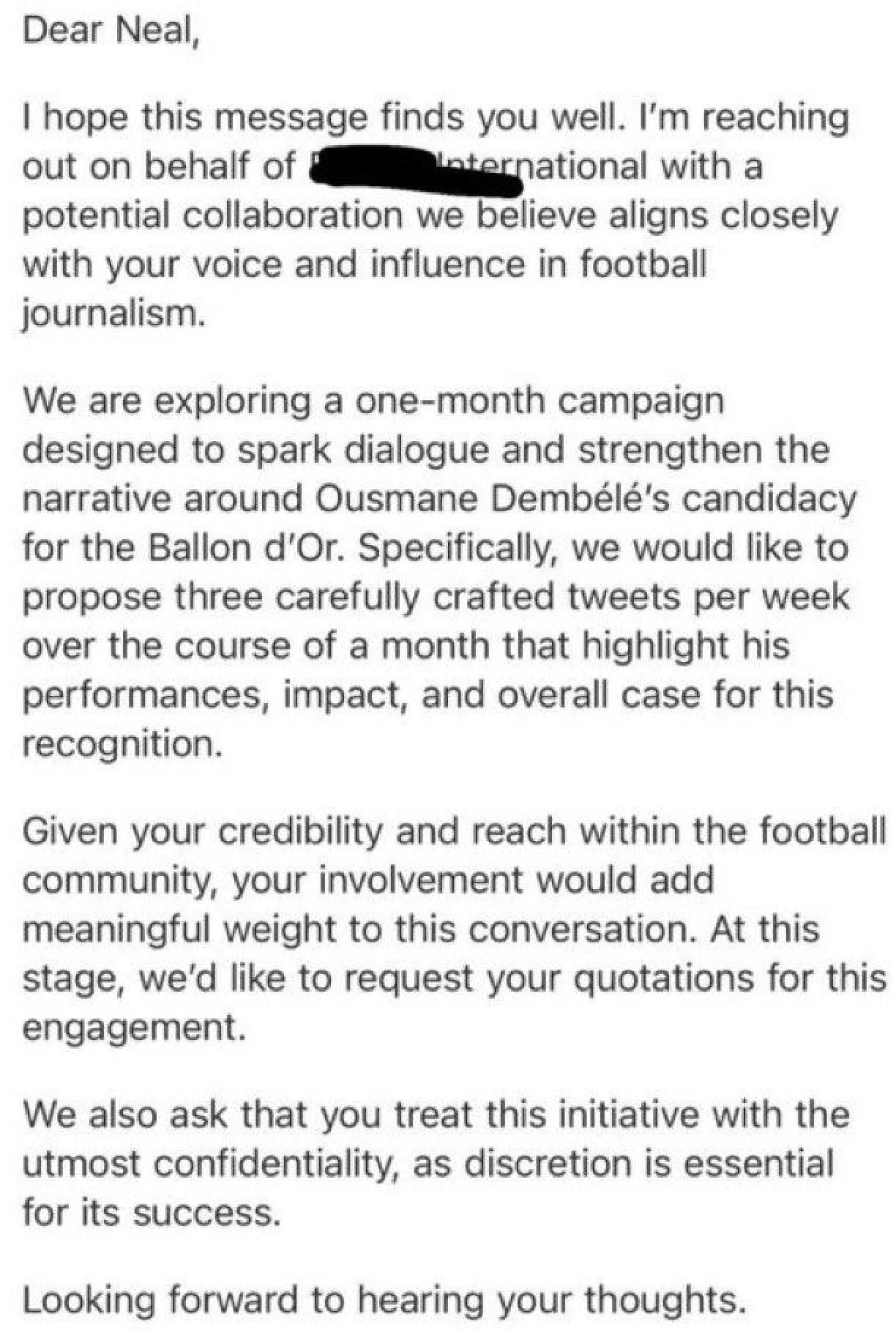 Una supuesta empresa ofrece dinero para hacer propaganda a favor de Dembelé en el Balón de Oro