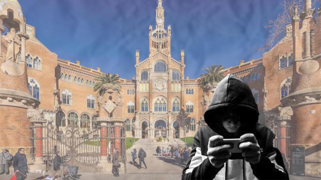 Fotomontaje de un joven usando el teléfono móvil ante el Hospital de Sant Pau