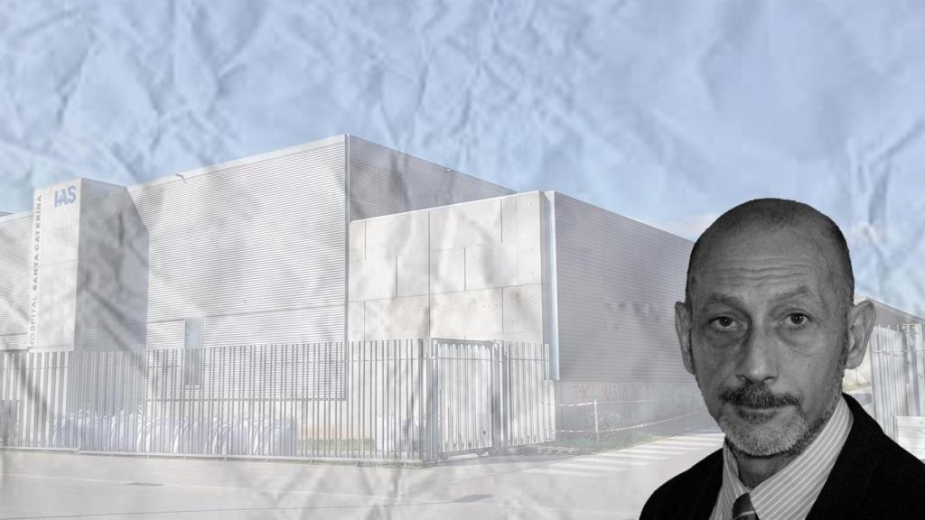 Rostro de Ernesto Luis González Riscos con el Hospital Santa Catarina de Salt (Girona) en el fondo