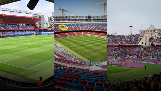 El Camp Nou, el Estadi Johan Cruyff y el Estadi Lluís Companys en un montaje