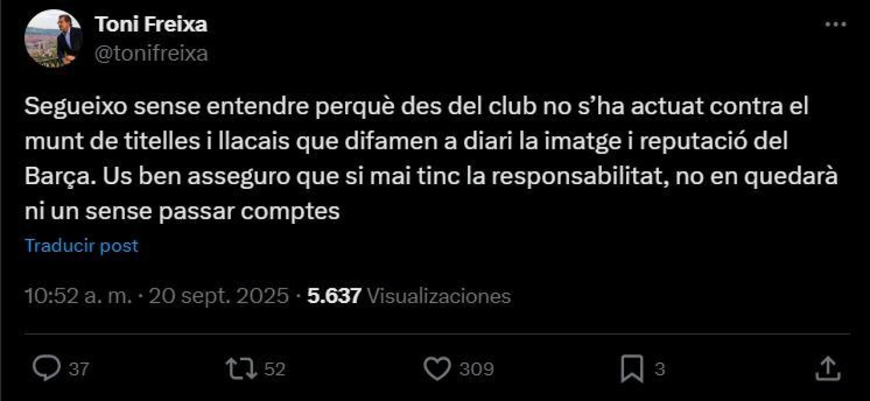 La publicación en Twitter de Toni Freixa dando un 'palito' a Laporta