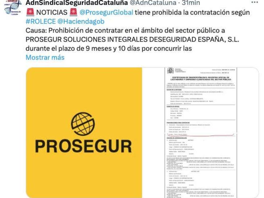 Tuit de ADN Sindical de Seguridad y Servicios de Cataluña