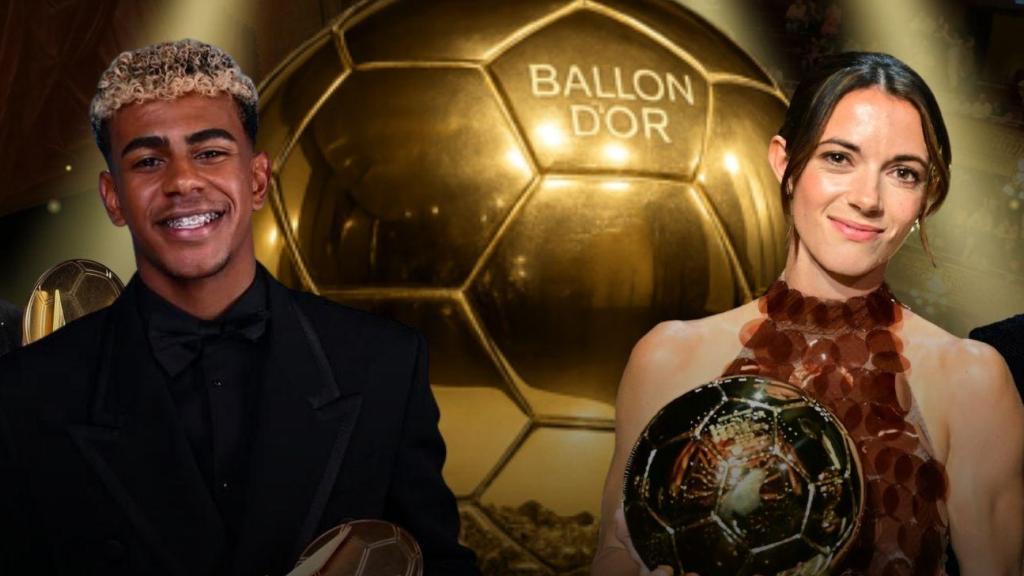 Ewa Pajor, Lamine Yamal, Aitana Bonmatí y Vicky López en un montaje