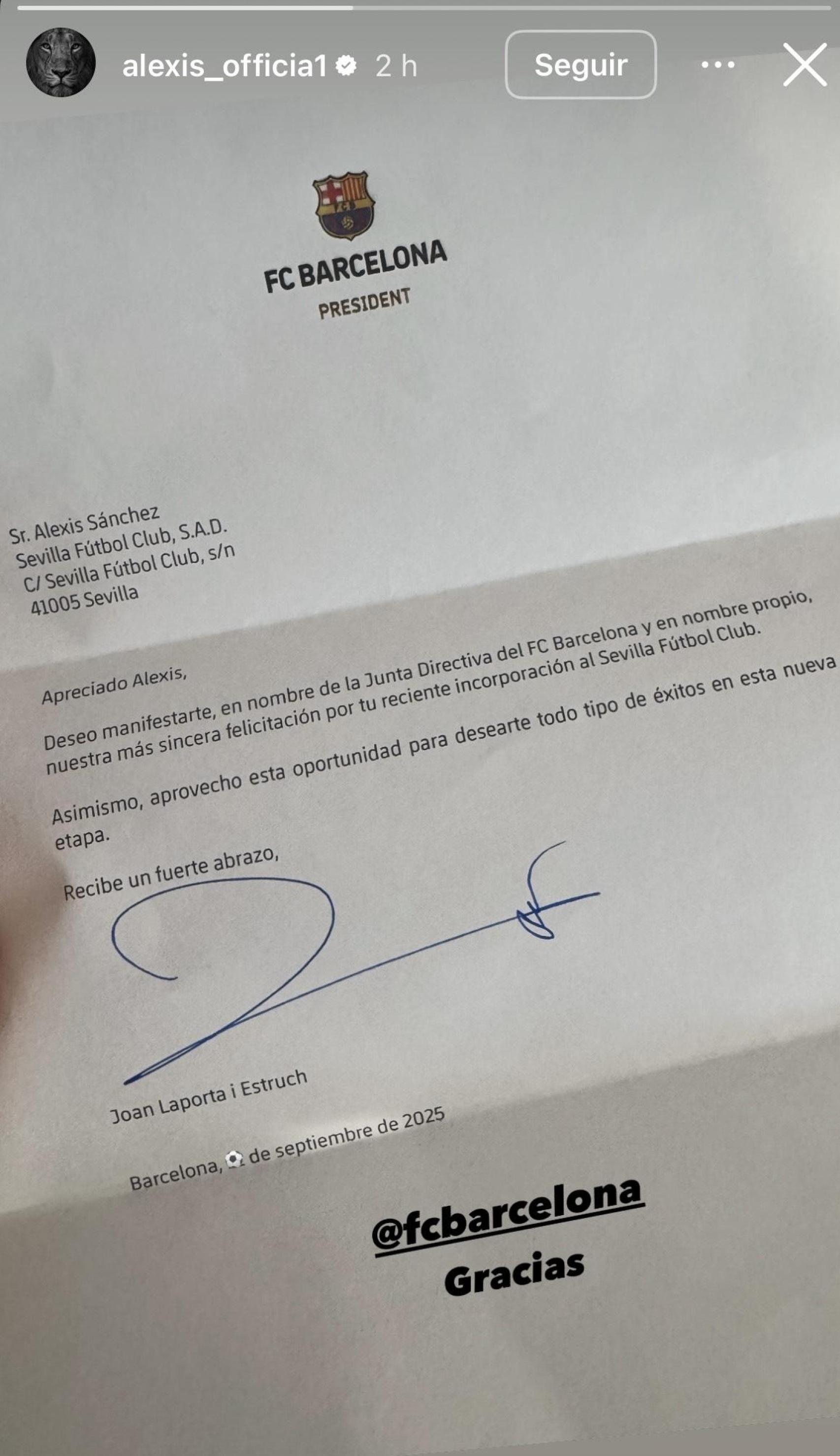 La felicitación de Joan Laporta y la junta directiva a Alexis Sánchez tras su fichaje por el Sevilla FC