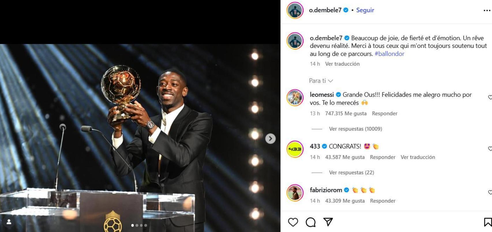 La felicitación de Leo Messi a Ousmane Dembelé tras ganar el Balón de Oro 2025