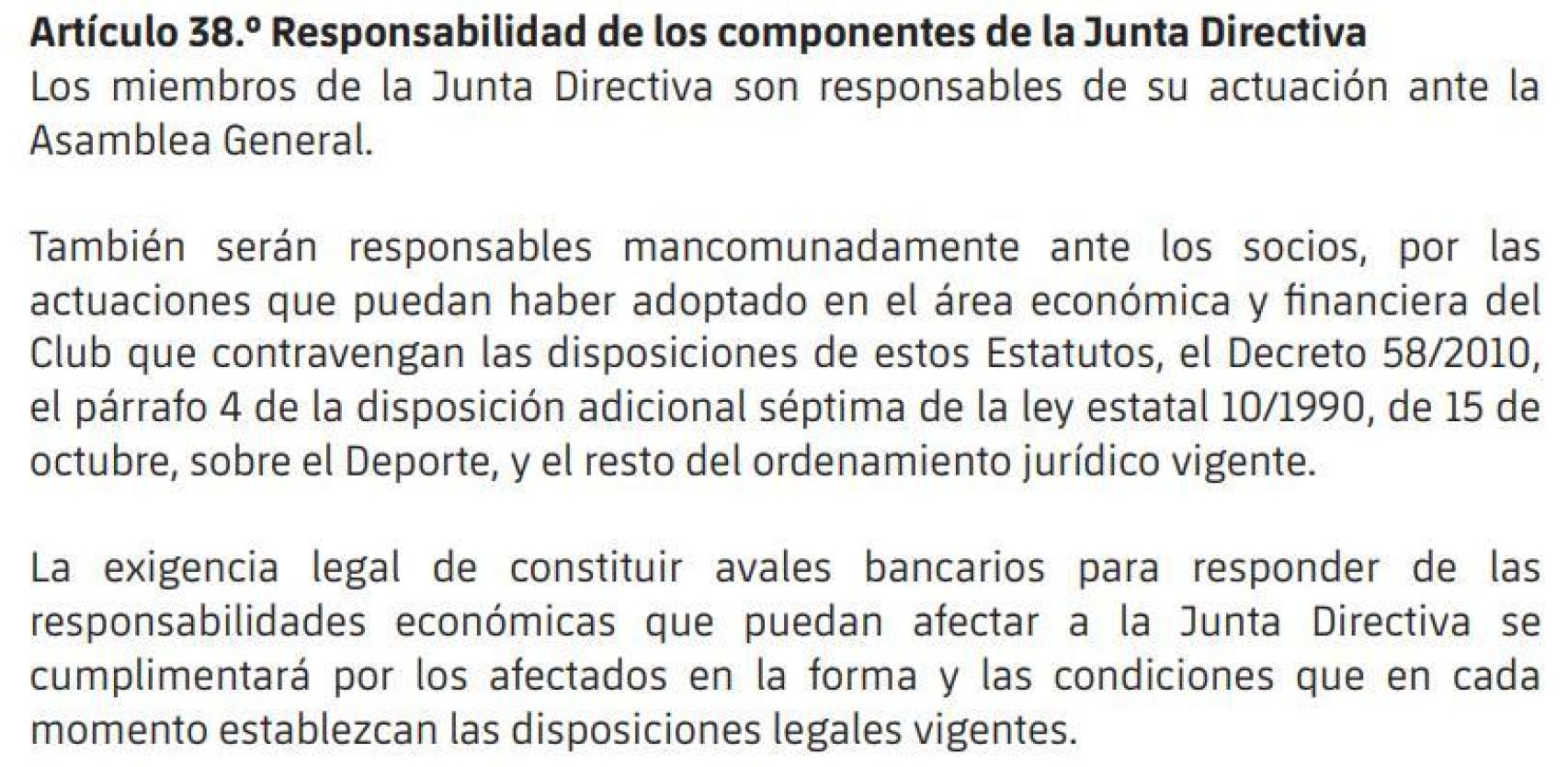 La responsabilidad de la junta directiva sobre las actuaciones del área económica, recogidas en los estatutos del Barça