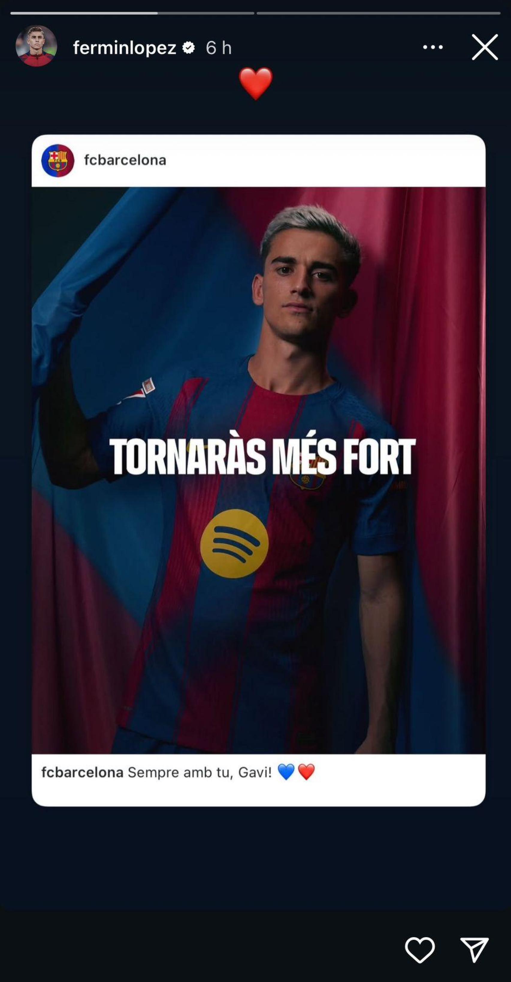 Fermín López sube una 'story' a Instagram dedicada a Gavi