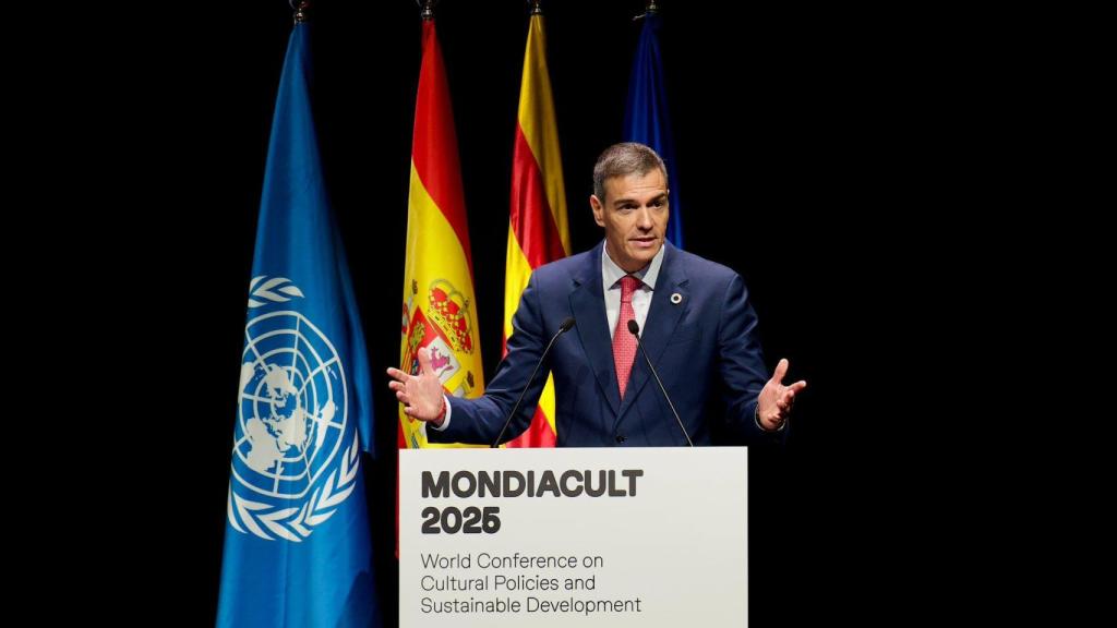 El presidente del Gobierno, Pedro Sánchez, durante su discurso inaugural en el Mondiacult 2025 en Barcelona