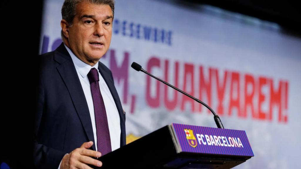 El presidente del Barça, Joan Laporta, en la presentación del informe 'forensic' ante los socios