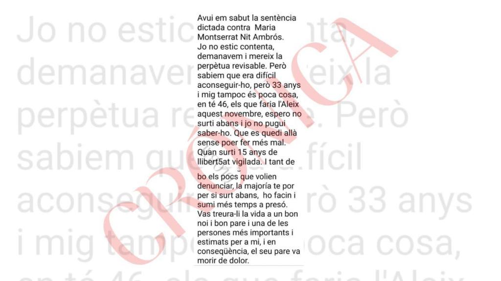 El mensaje que la madre de Aleix publicó hace pocos días en sus redes sociales