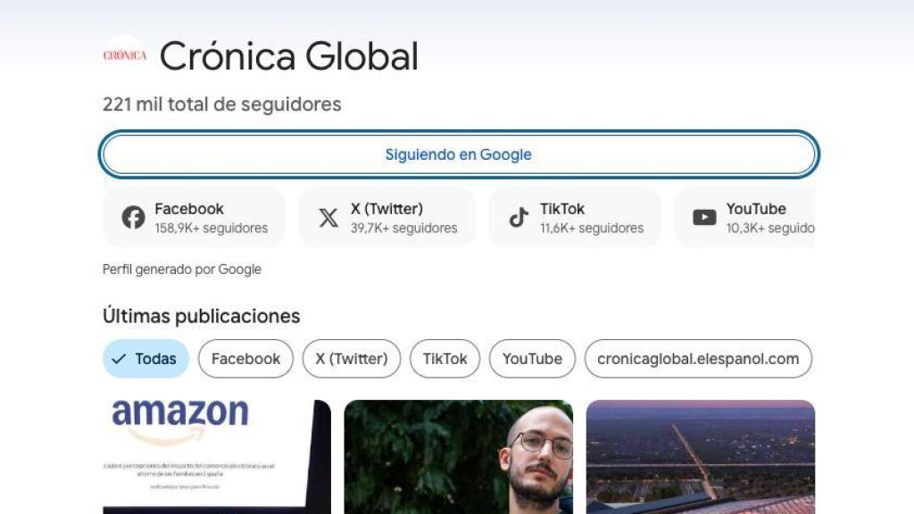 Perfil de Crónica Global en Google Discover