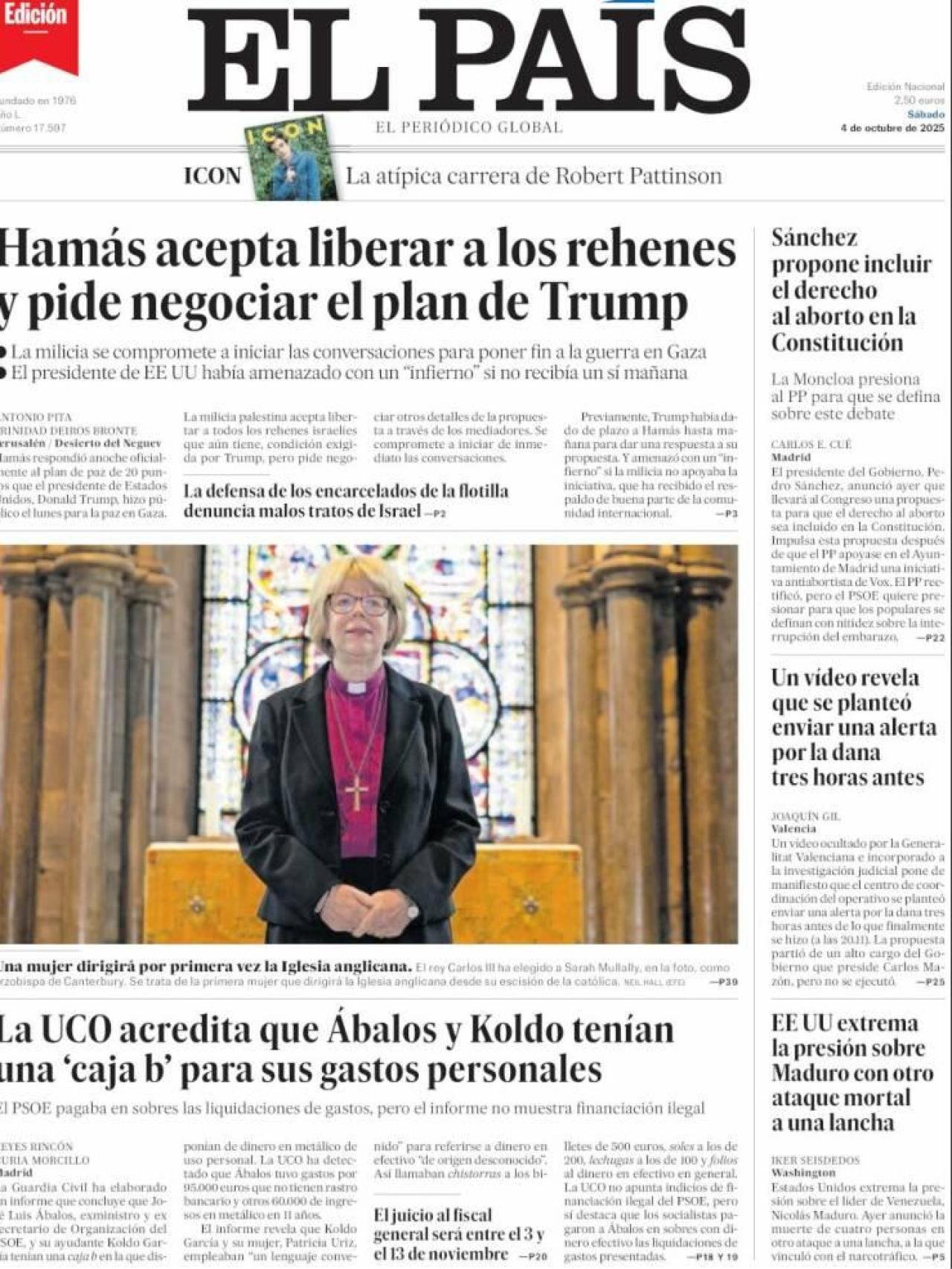 Portada de 'El País' del sábado 4 de octubre