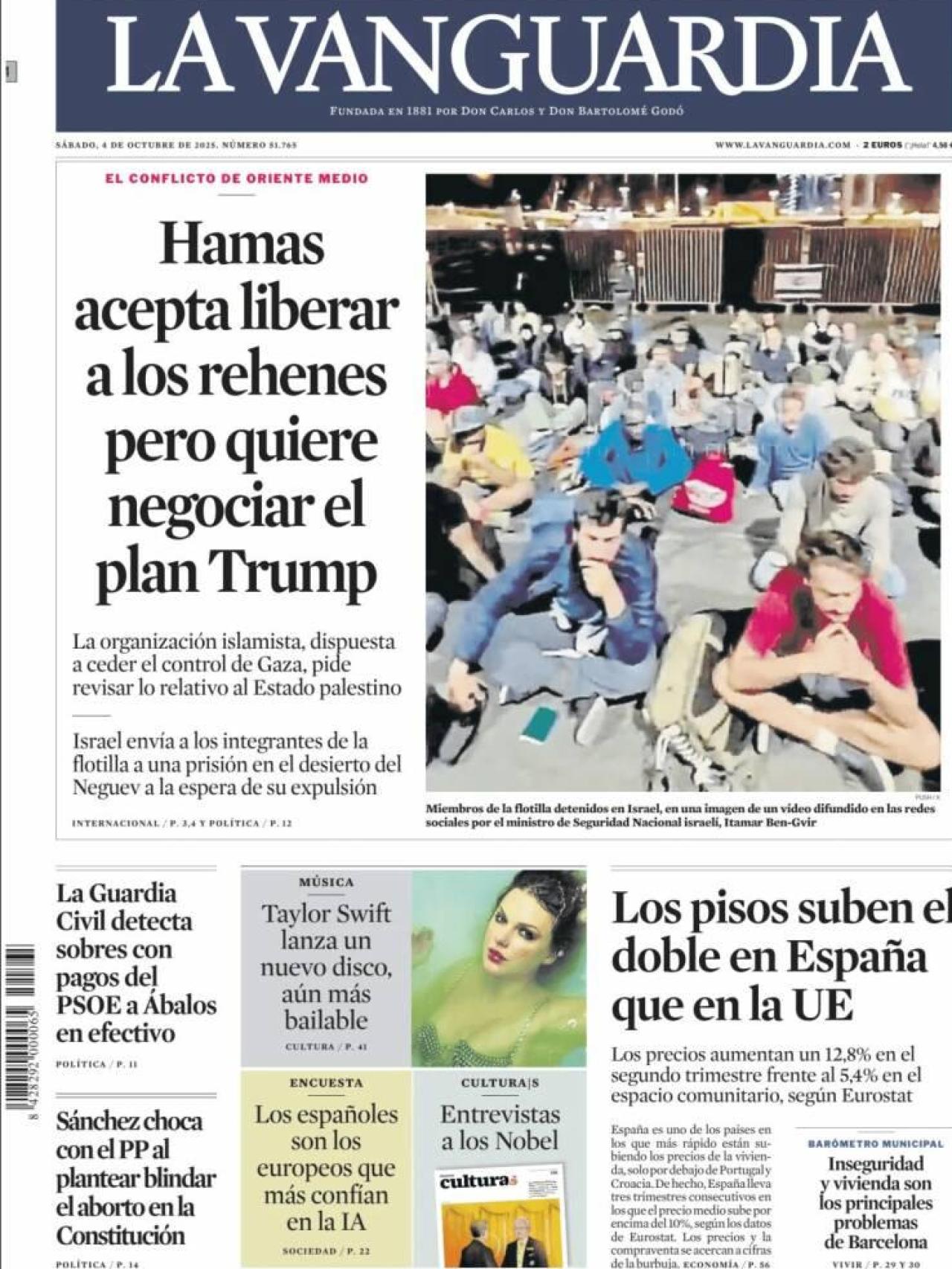 Portada de 'La Vanguardia' de este sábado 4 de octubre