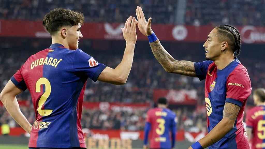 Pau Cubarsí i Raphinha celebren un gol del Barça a la temporada 2024-25