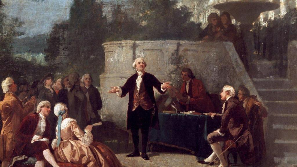 El dramaturgo italiano Carlo Goldoni (1707-1793) declara un soneto ante los miembros de la Colonia Alfea en el Jardín Scotto de Pisa.