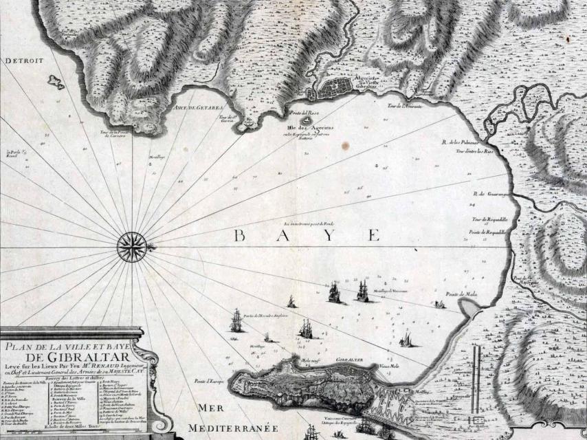 Mapa francés de la bahía de Algeciras con Gibraltar (1727).
