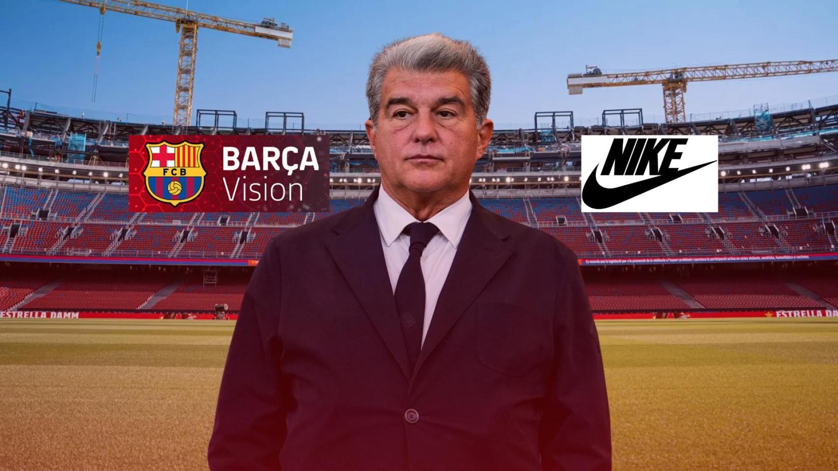 Joan Laporta, en un fotomontaje con las obras del Camp Nou y los logotipos de Barça Vision y Nike