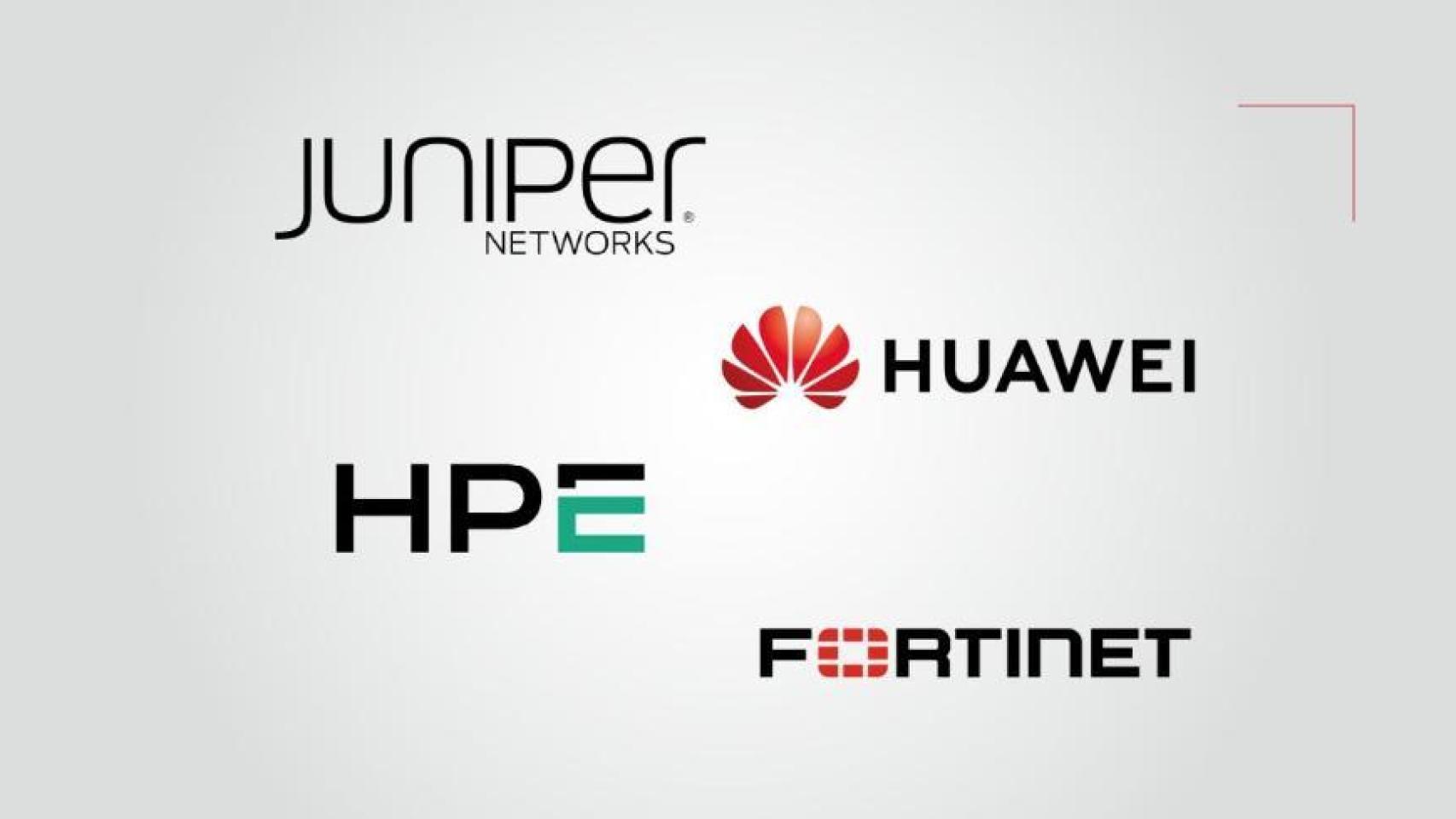 Logos de Juniper Networks, Huawei, HPE (Aruba) y Fortinet,