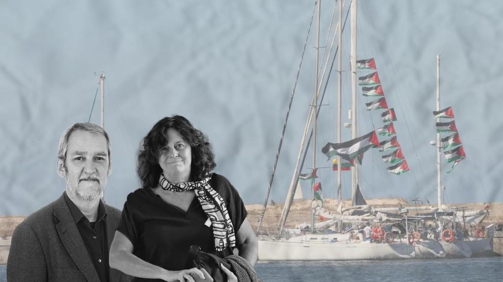 Fotomontaje del concejal de ERC Jordi Coronas y la diputada de la CUP Pilar Castillejo con la Flotilla de fondo