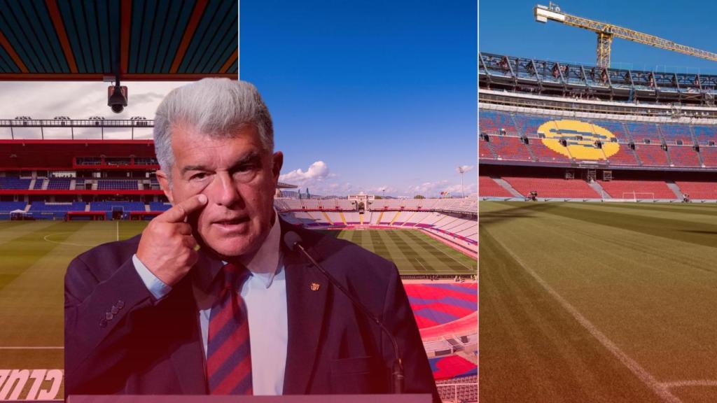 El presidente del Barça, Joan Laporta, en un fotomontaje con el Estadi Johan Cruyff, el Estadi Olímpic de Montjuïc y el nuevo Camp Nou