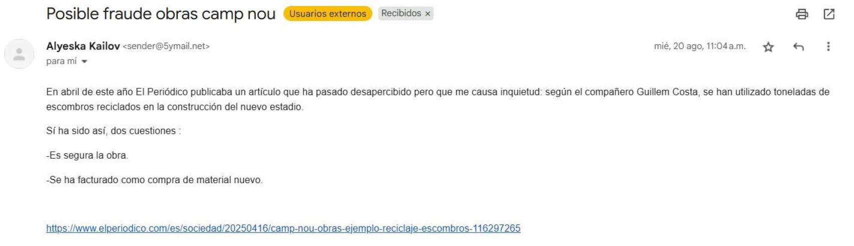 Correo electrónico que pone en duda la seguridad de los materiales del Camp Nou
