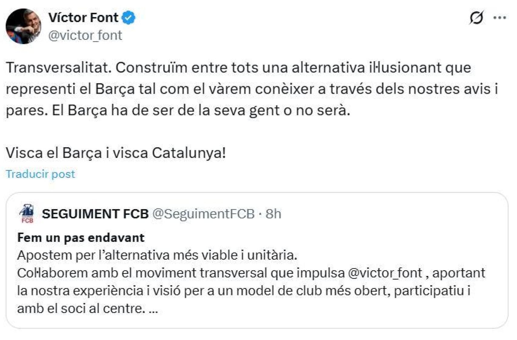 Víctor Font se alía con 'Seguiment FCB' para las elecciones presidenciales del Barça de 2026