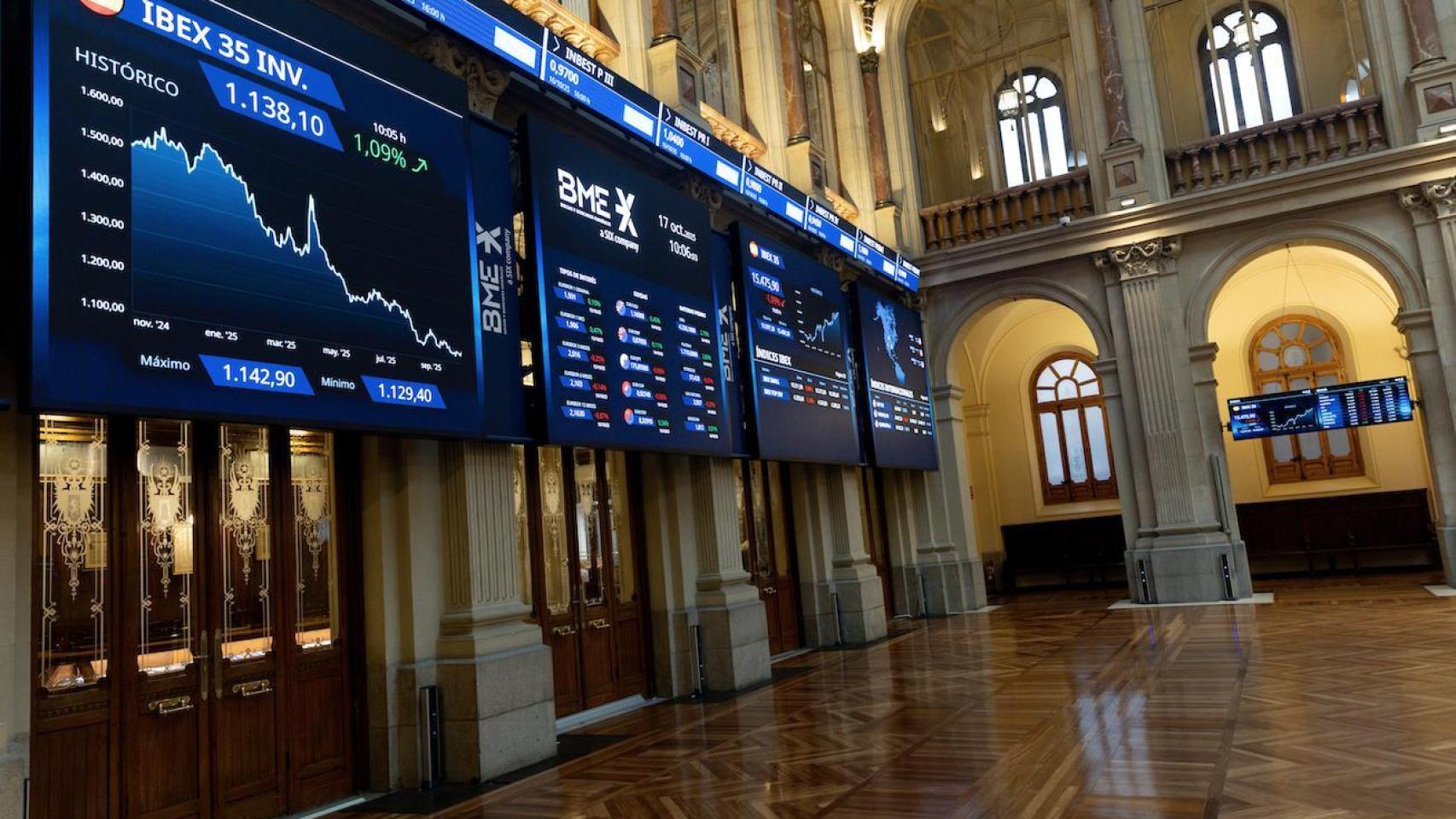 Un panel informativo en la Bolsa de Madrid, a 17 de octubre de 2025