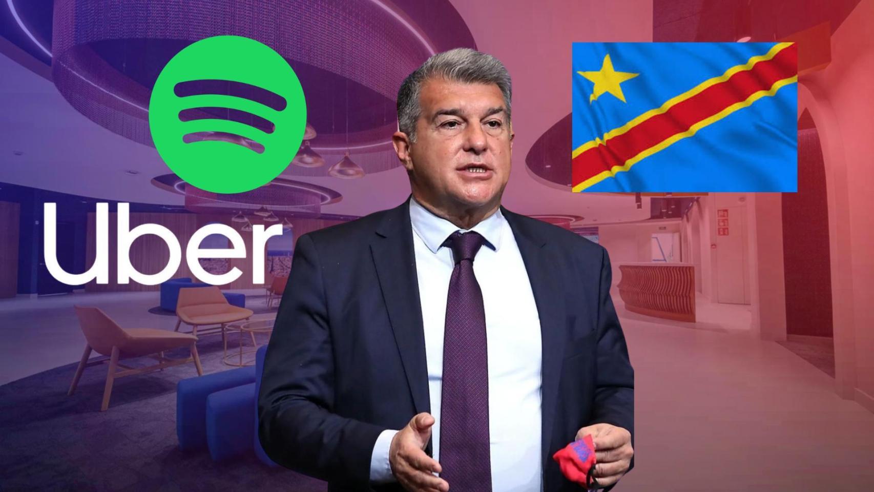 Joan Laporta, en un montaje con la bandera de República Democrática del Congo, Spotify y Uber