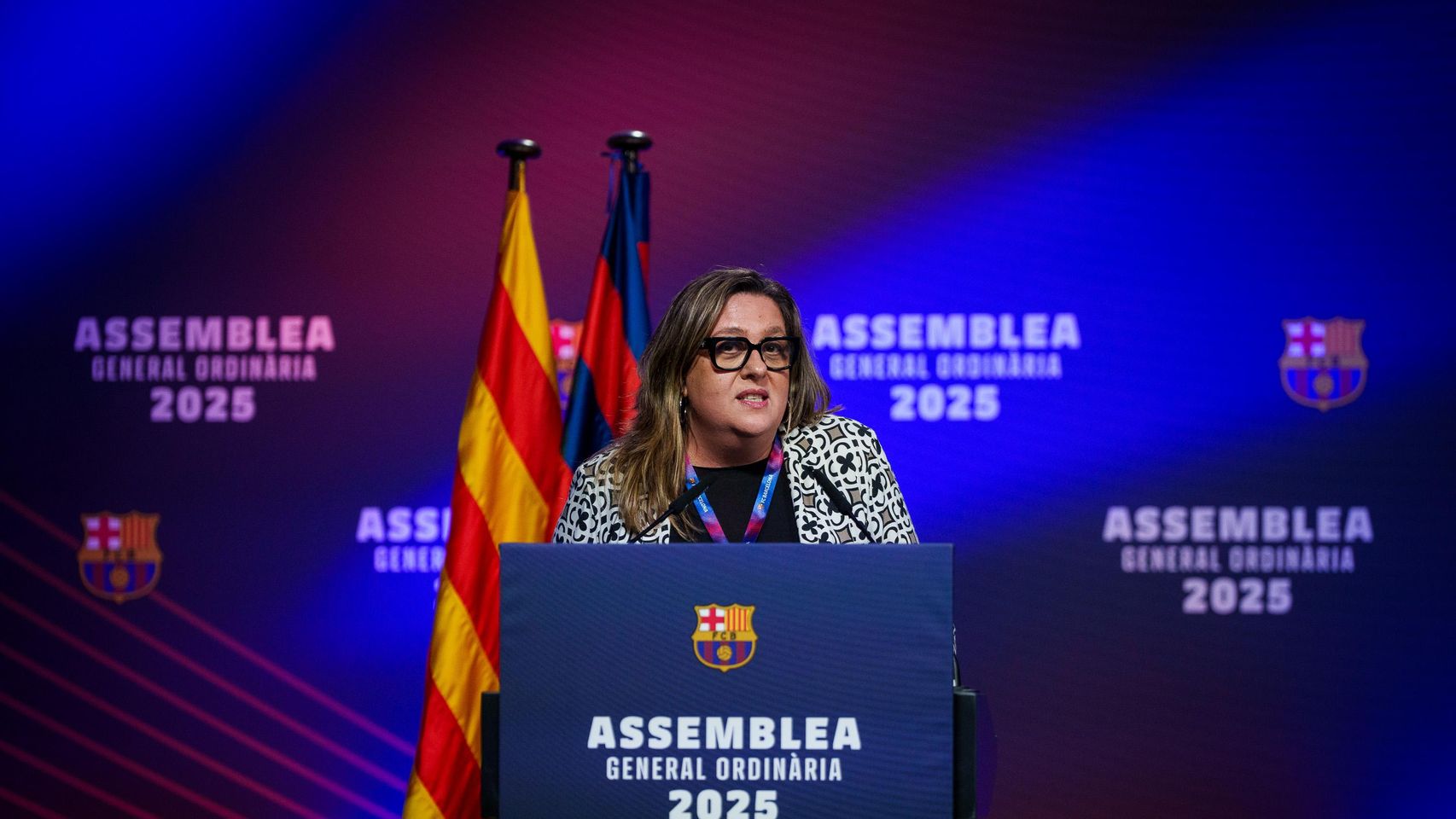 Elena Fort, durante la asamblea de socios compromisarios del Barça de 2025