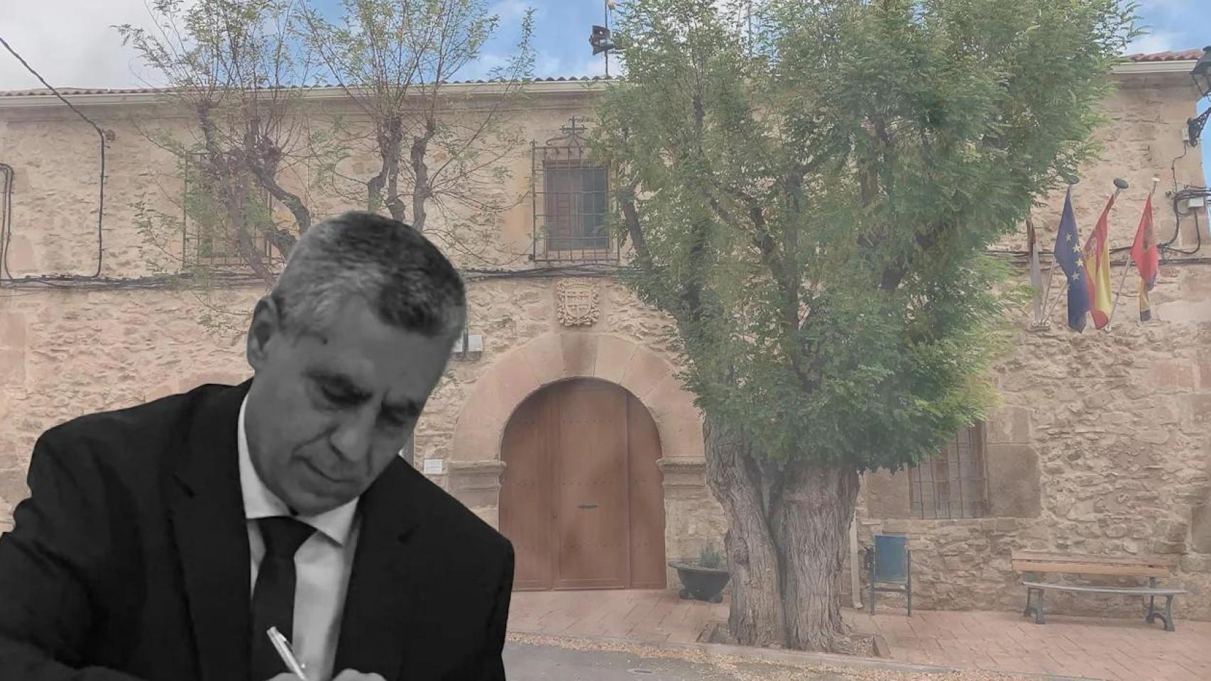 Montaje con la fachada del Ayuntamiento de Fuentelsaz del Campo y José Luis Sánchez, actual alcalde