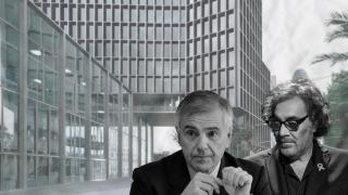 Samaranch Jr. y Tatxo Benet con el edificio de Mediapro de fondo