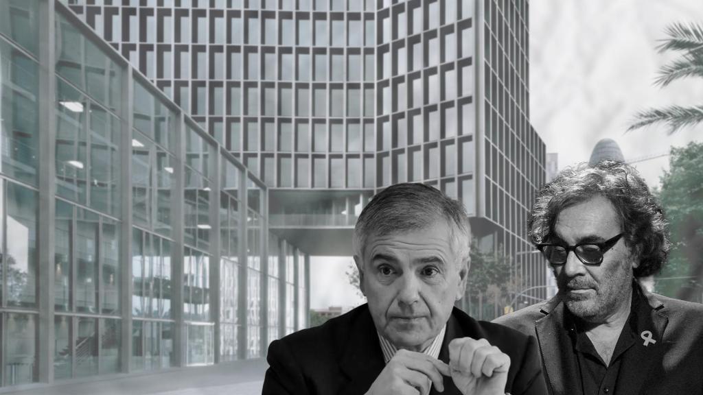 Samaranch Jr. y Tatxo Benet con el edificio de Mediapro de fondo